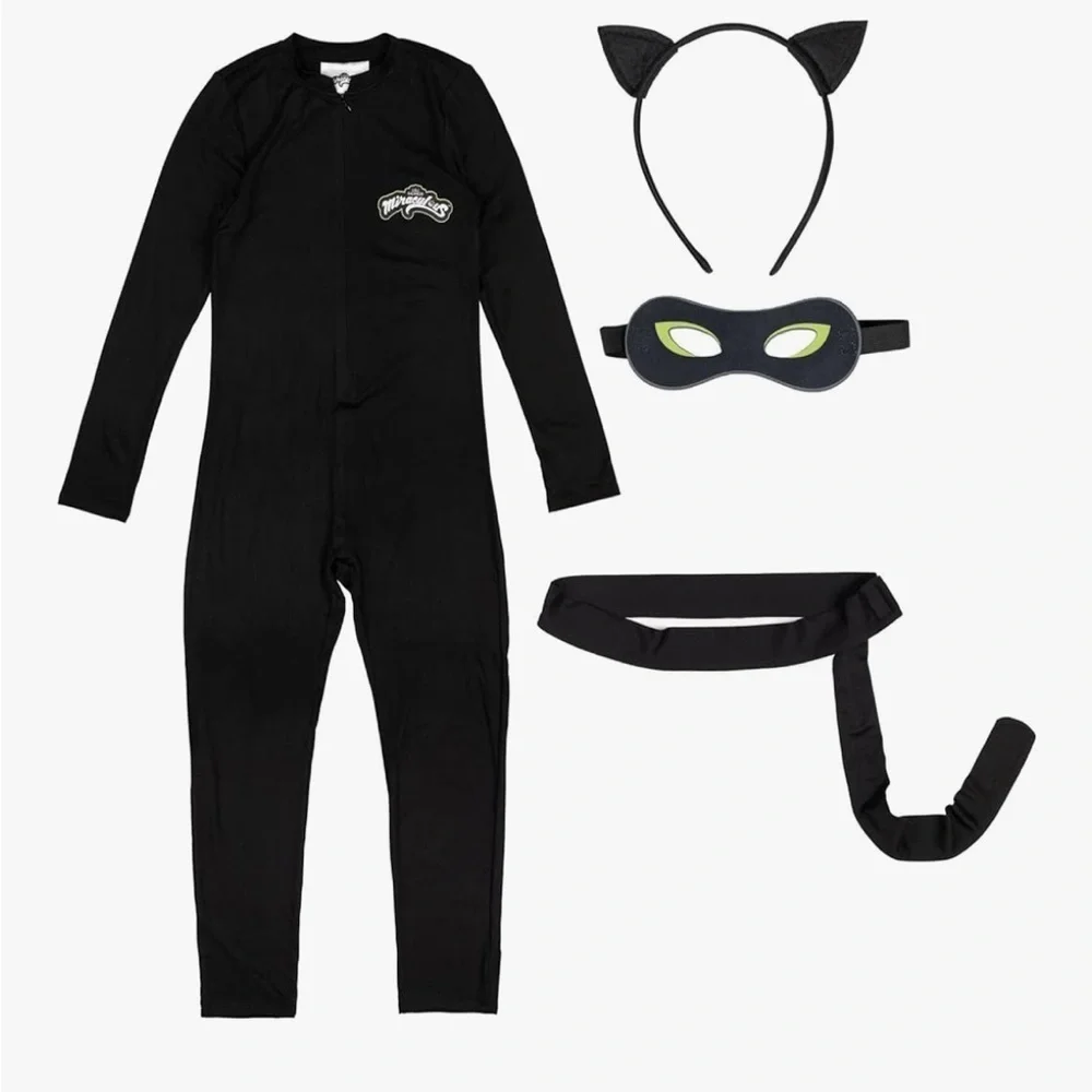 Miraculous Cat Noir Costume Youth Size 14/16 Black Jumpsuit Mask Tail Included